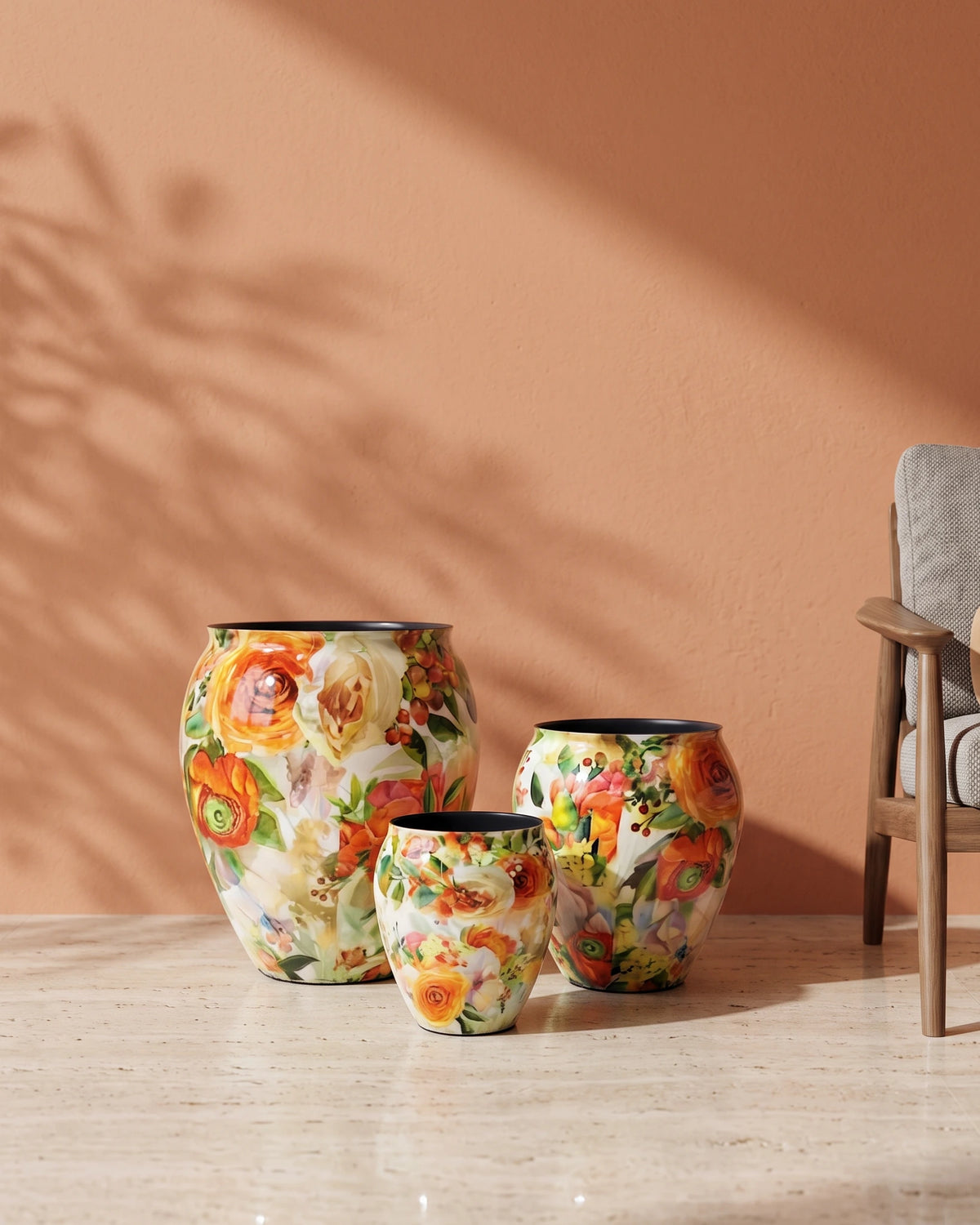 Orange Rose Floral Enamelled Metal Planter — Opaxa, Acacia Garden Center