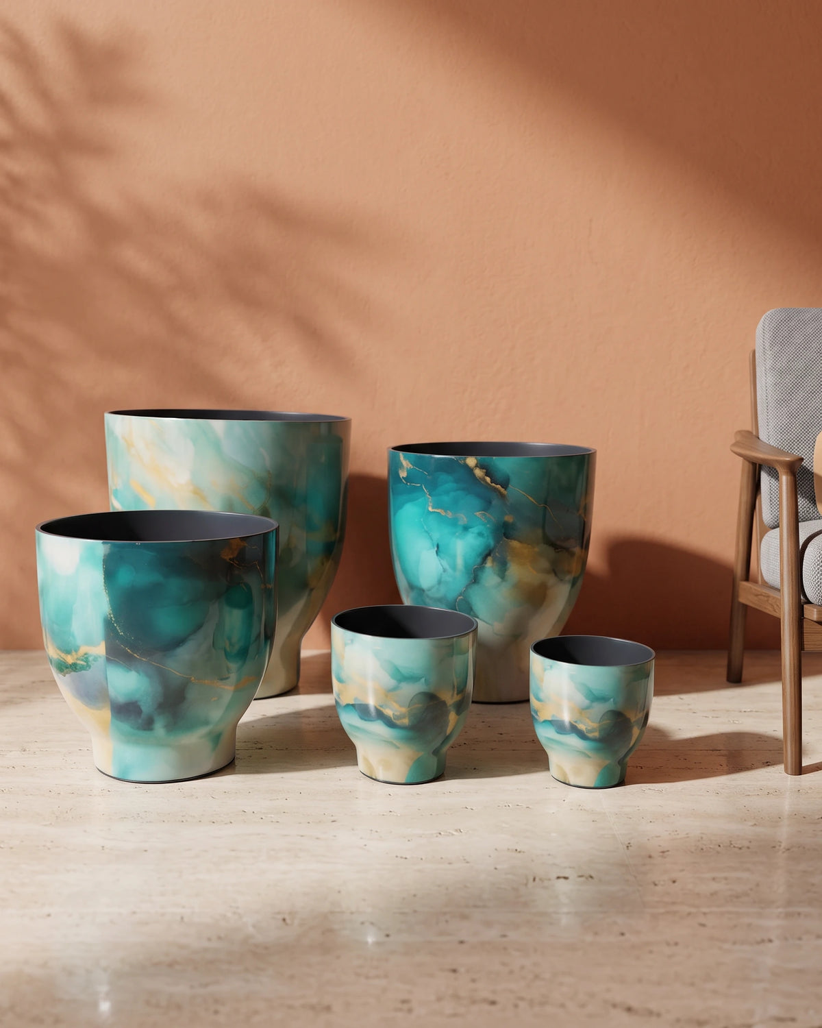 Metal Planter Pot, Marble Printed Enamelled — Sky Blue Marble — Opaxa, Acacia Garden Center