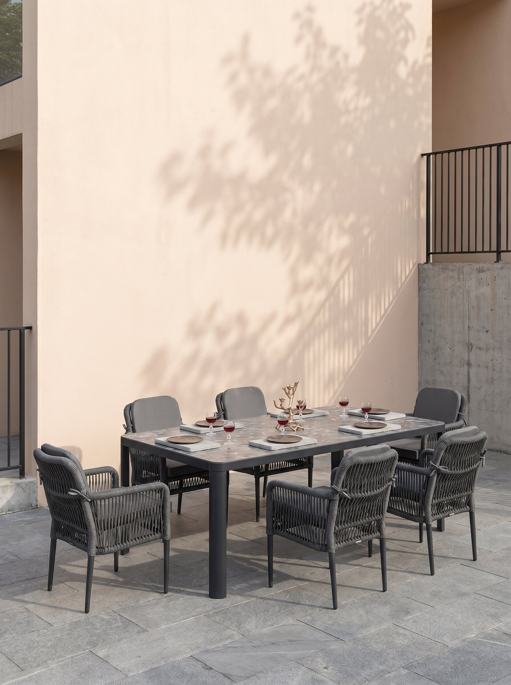 Aston Dining Set Anthracite (Terazzi) | 6 - Seater, Luxio Cord - Acacia Garden Center