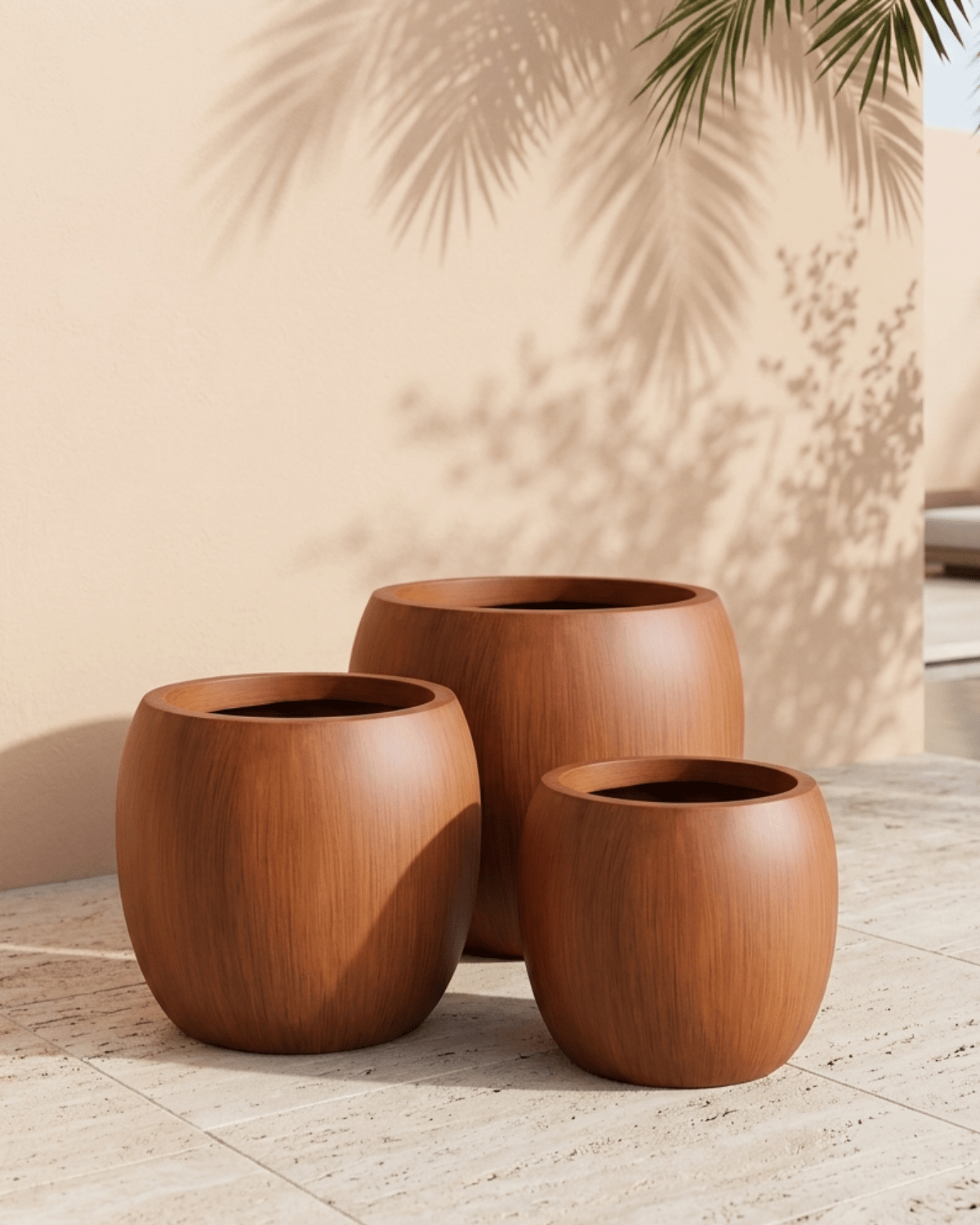 Fiberglass Pot Matt Wood Finish | Brown, Dia. 35–66 cm - Acacia Garden Center