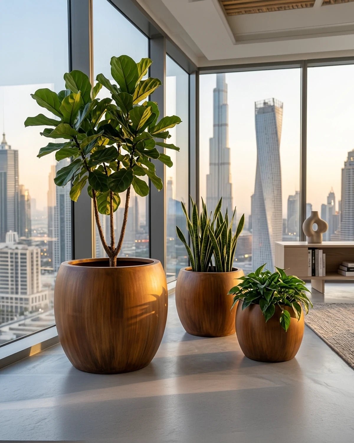 Fiberglass Pot Matt Wood Finish | Brown, Dia. 35–66 cm - Acacia Garden Center