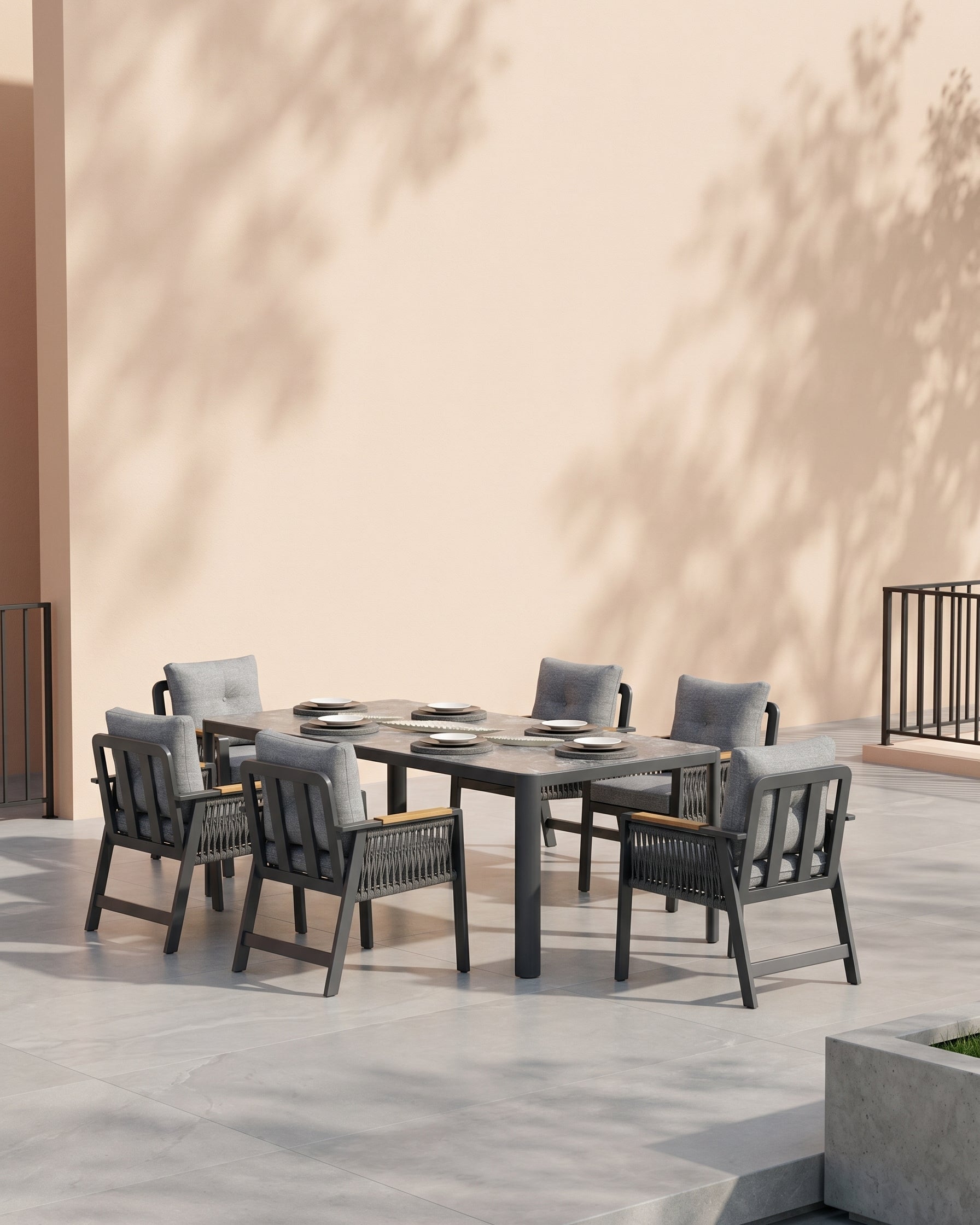 Mykonos Plus Dining Set (Terazzi) | 6 - Seater, Iroko Wood & HPL - Acacia Garden Center