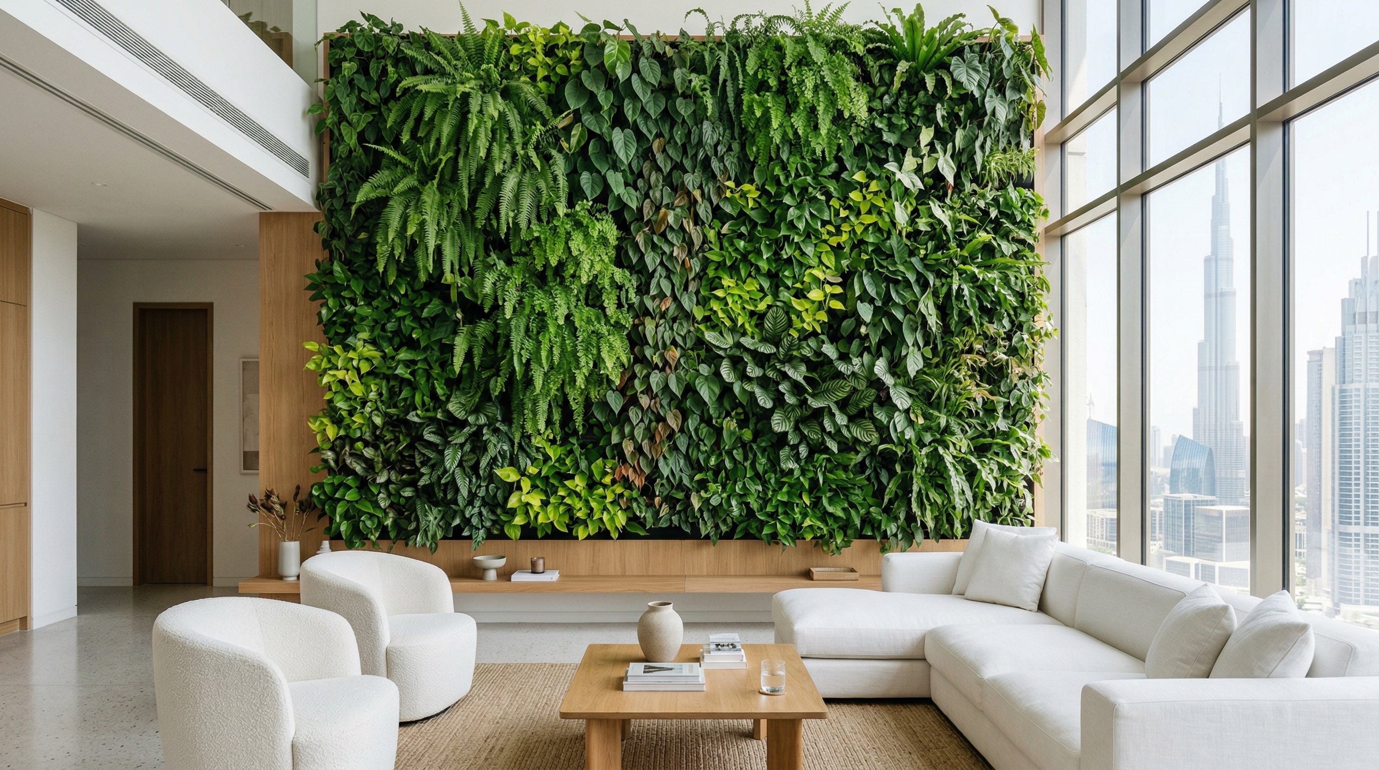Lush vertical green wall installation in a modern Dubai home
