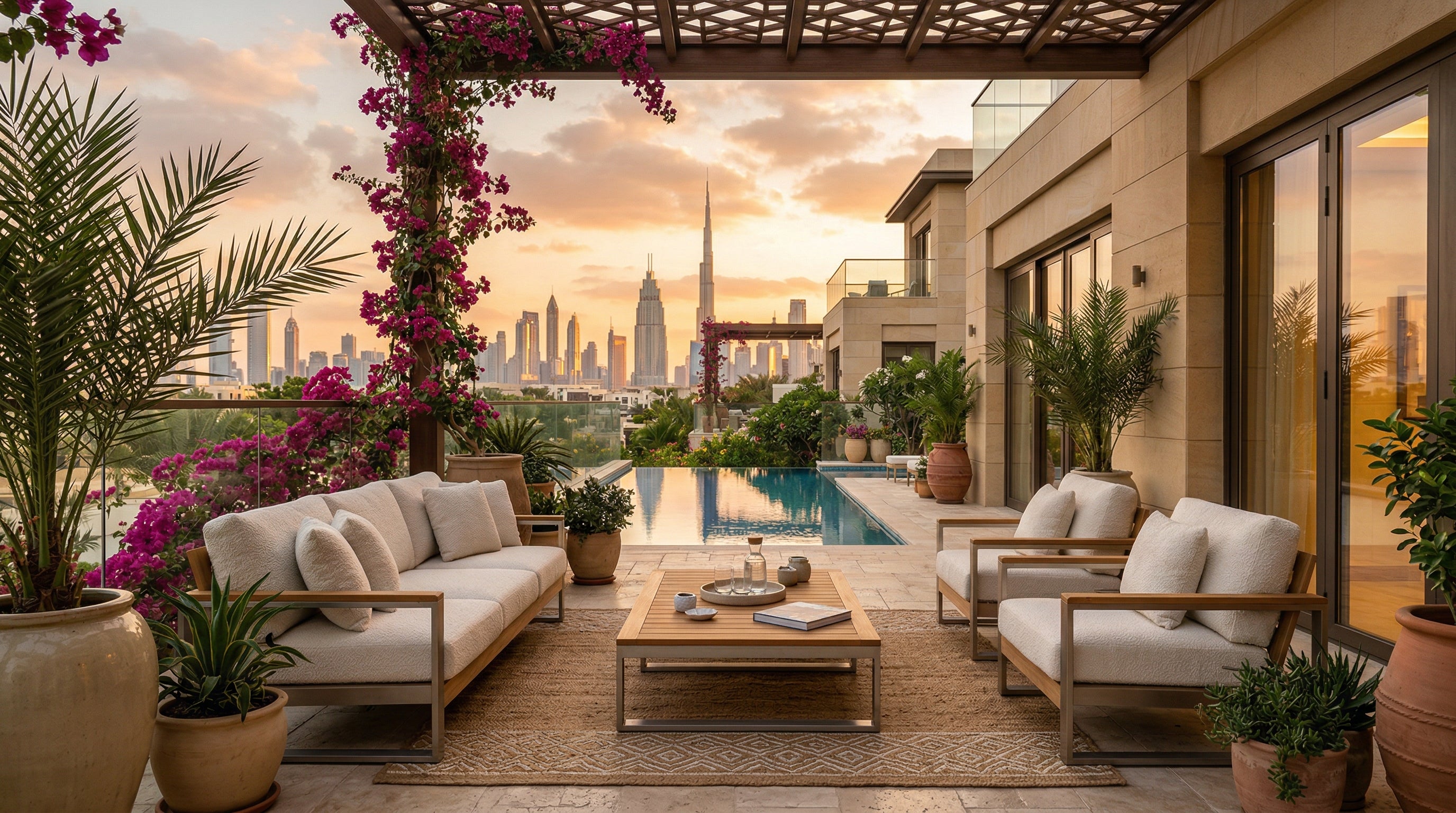 Premium outdoor furniture on a Dubai villa terrace at sunset