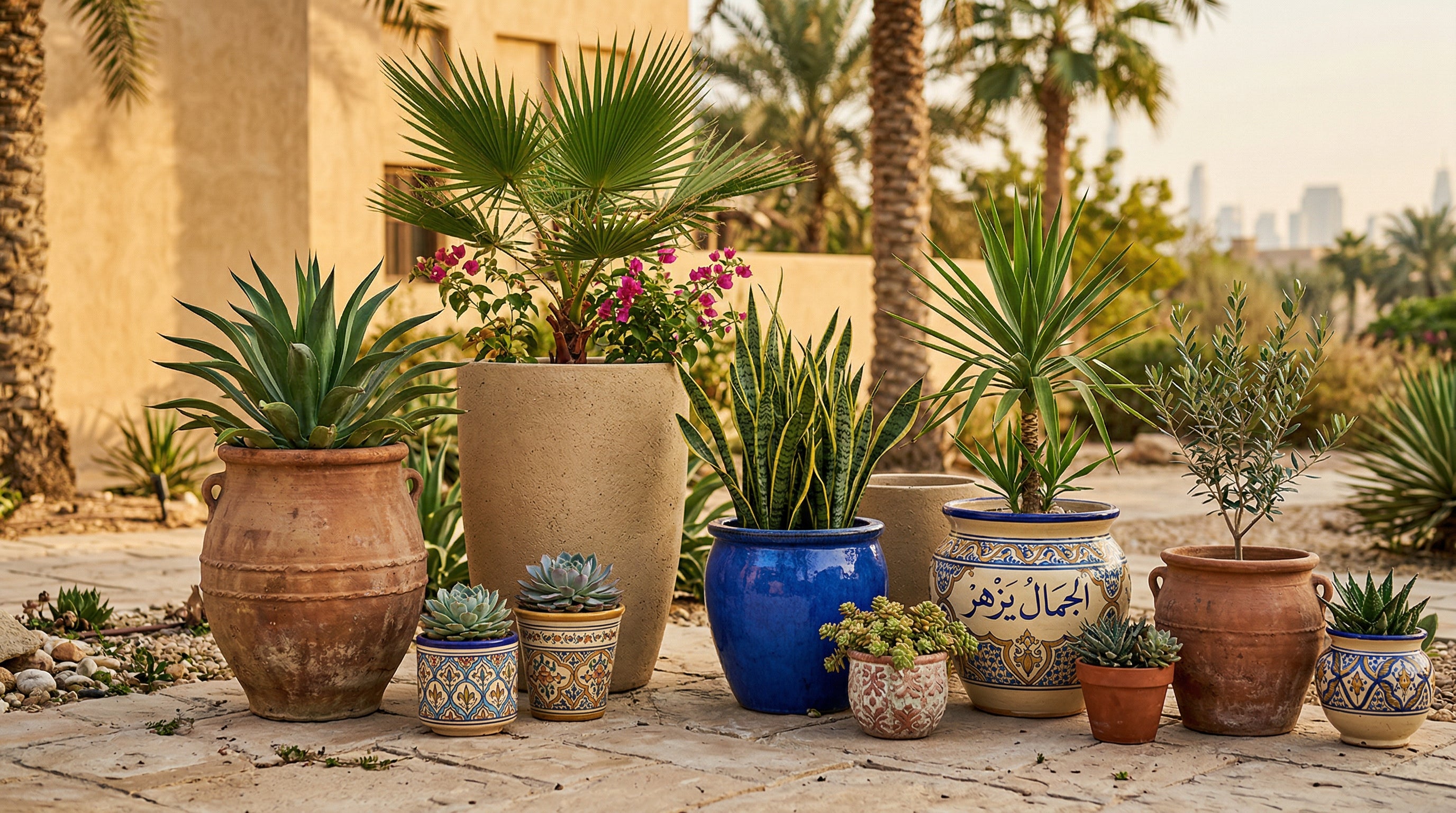 Collection of outdoor garden pots and planters on a Dubai patio