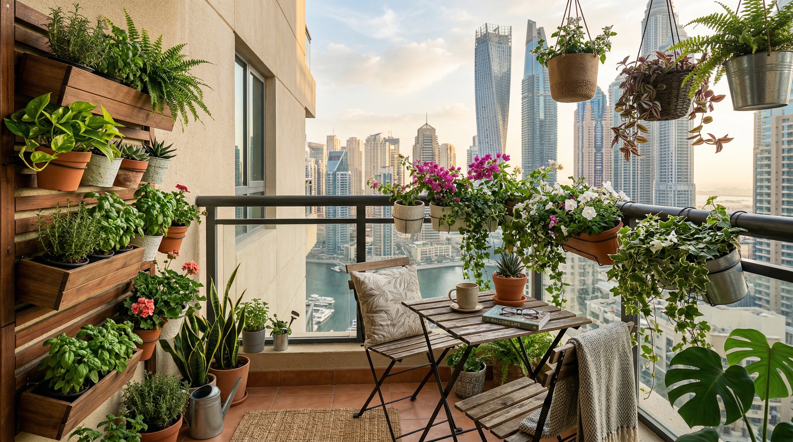 Beautiful apartment balcony garden in Dubai with vertical planters