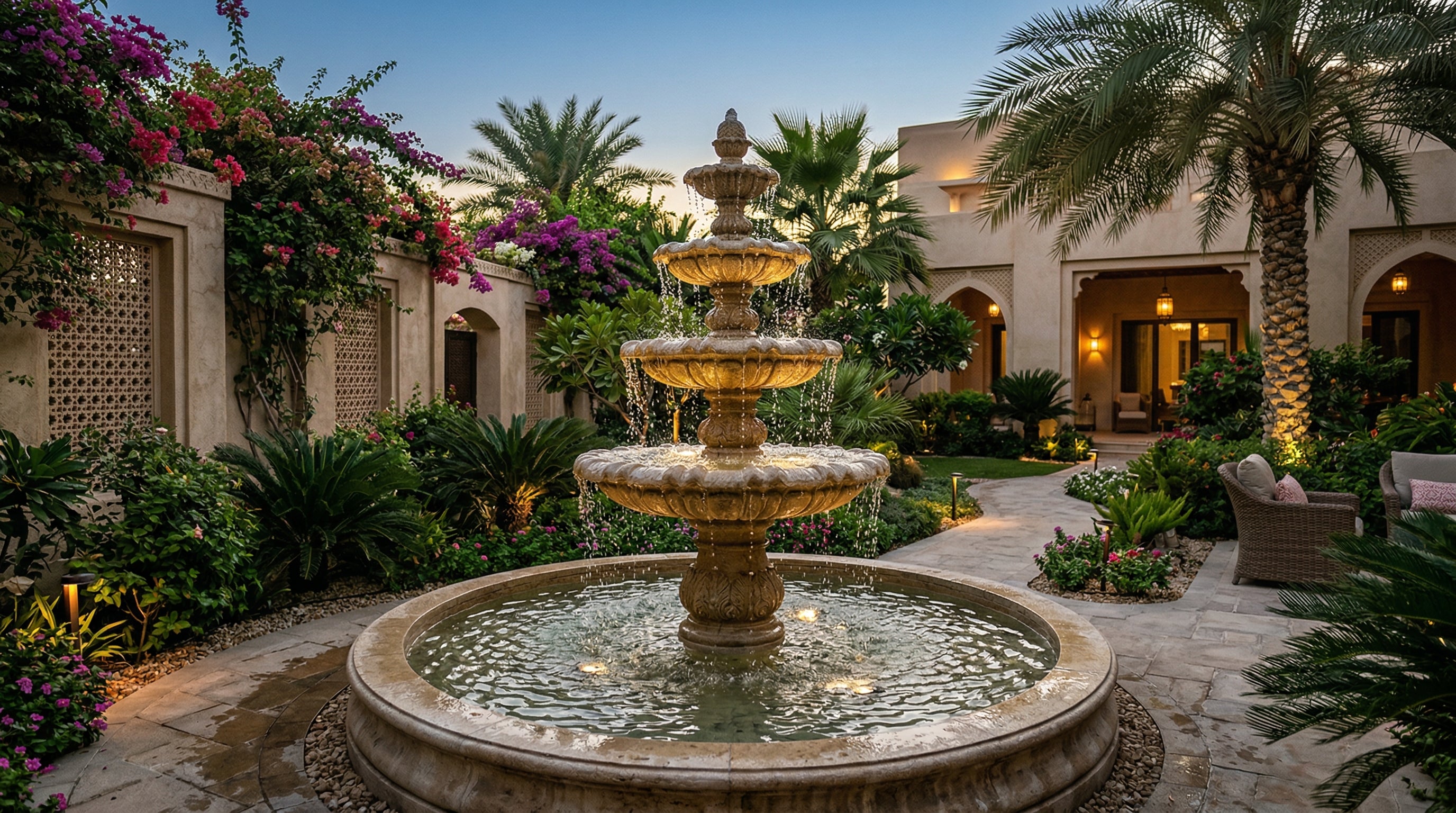 Elegant garden water fountain in a Dubai villa courtyard