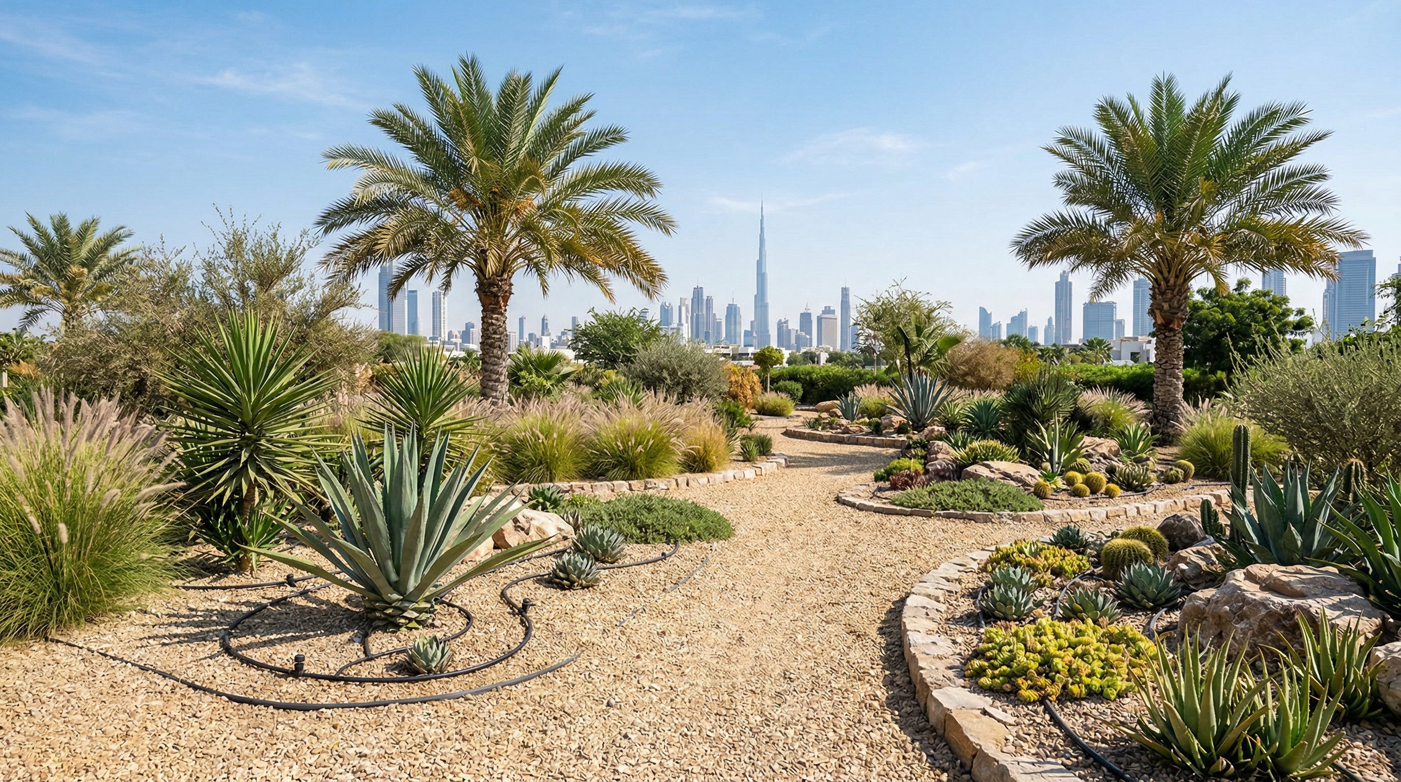 Drought-tolerant xeriscape garden with native plants in Dubai