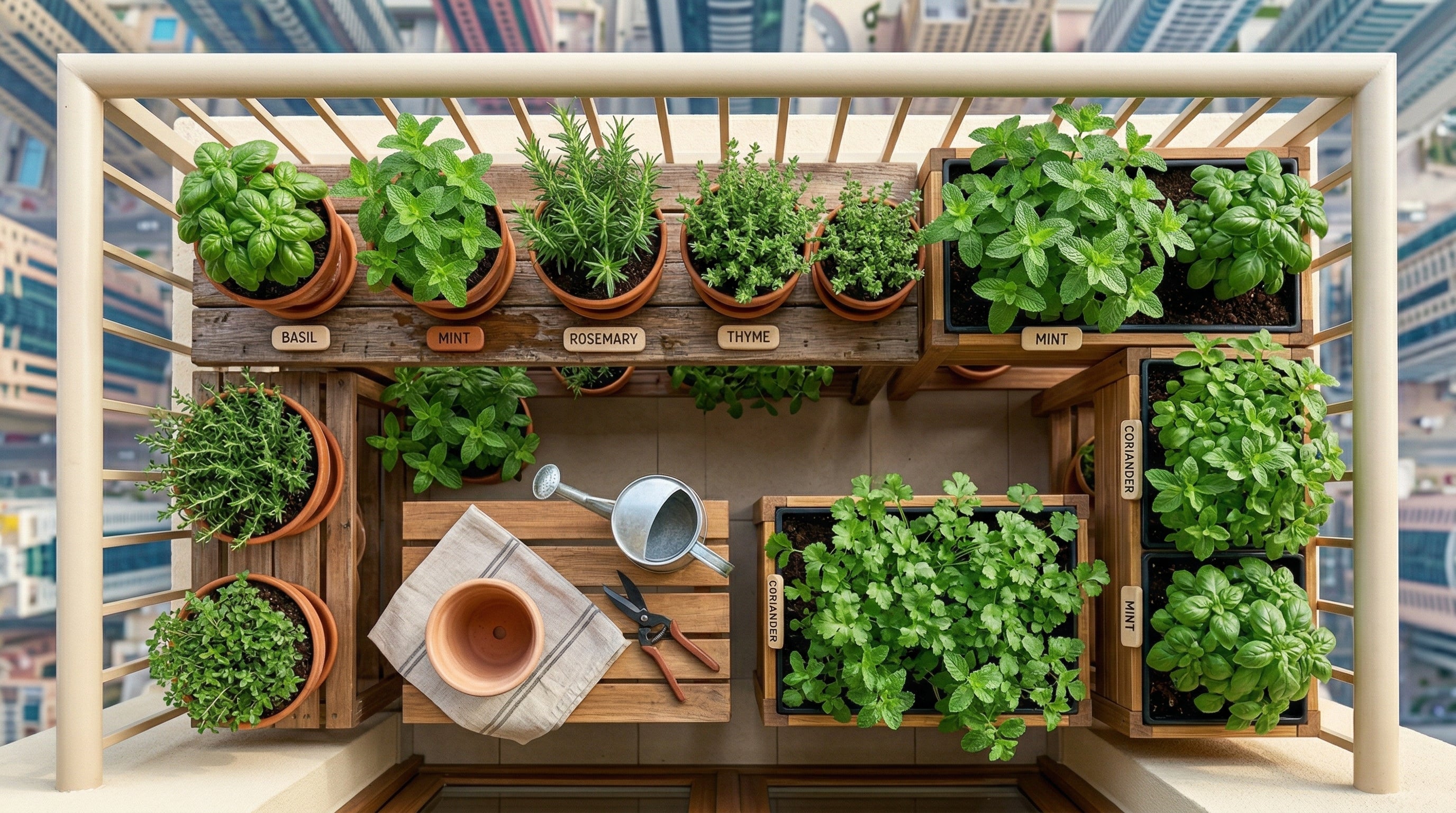 Fresh herbs growing in pots on a Dubai kitchen windowsill