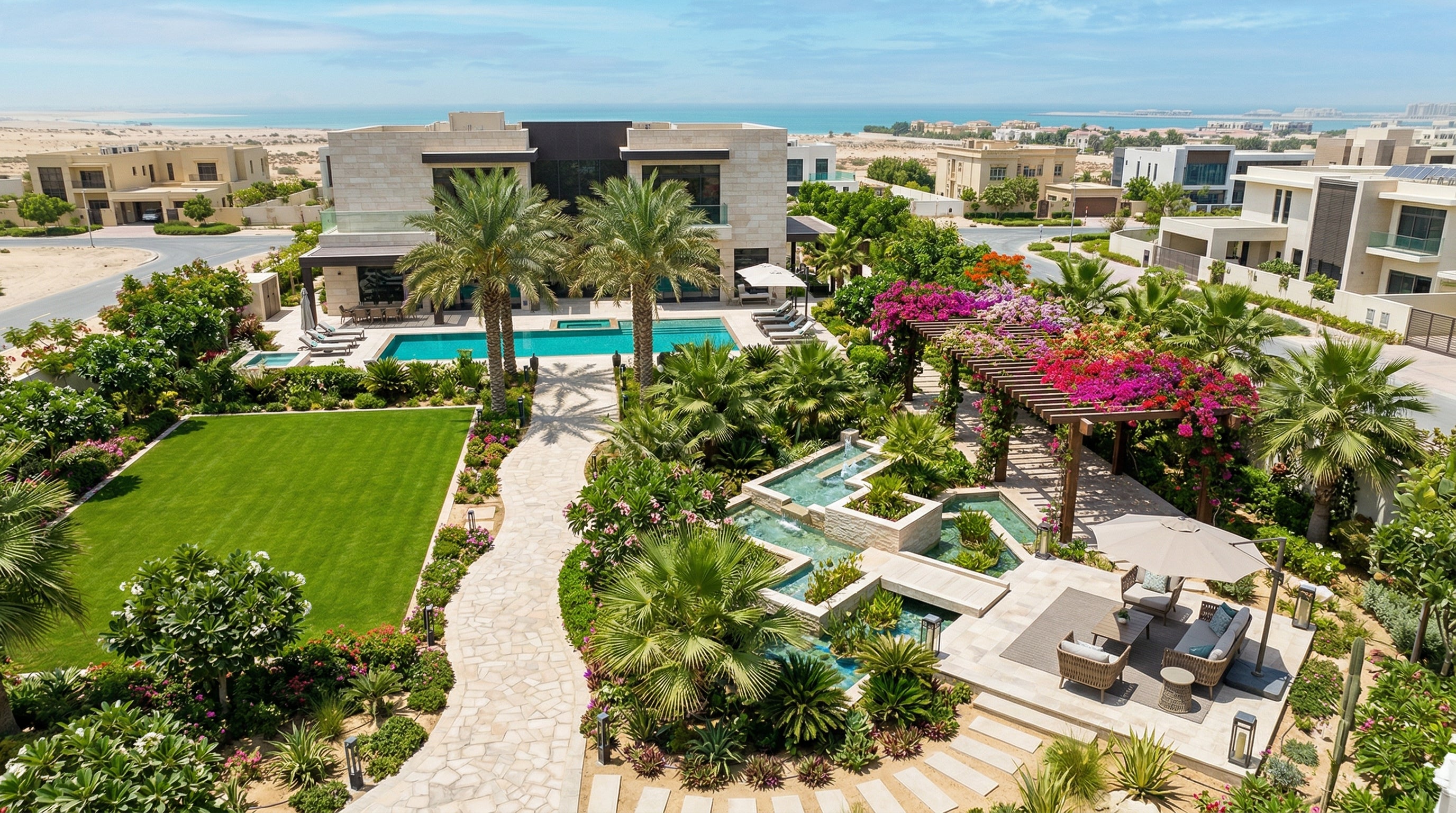 Beautifully designed Dubai villa garden with multiple zones