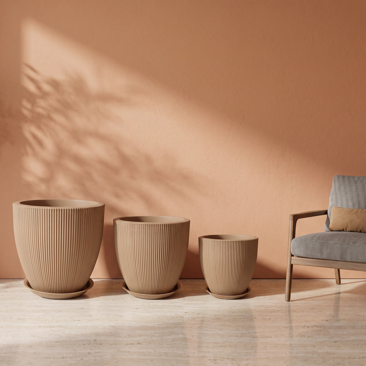 Rock Mountain Ribbed Planter, Beige, all sizes