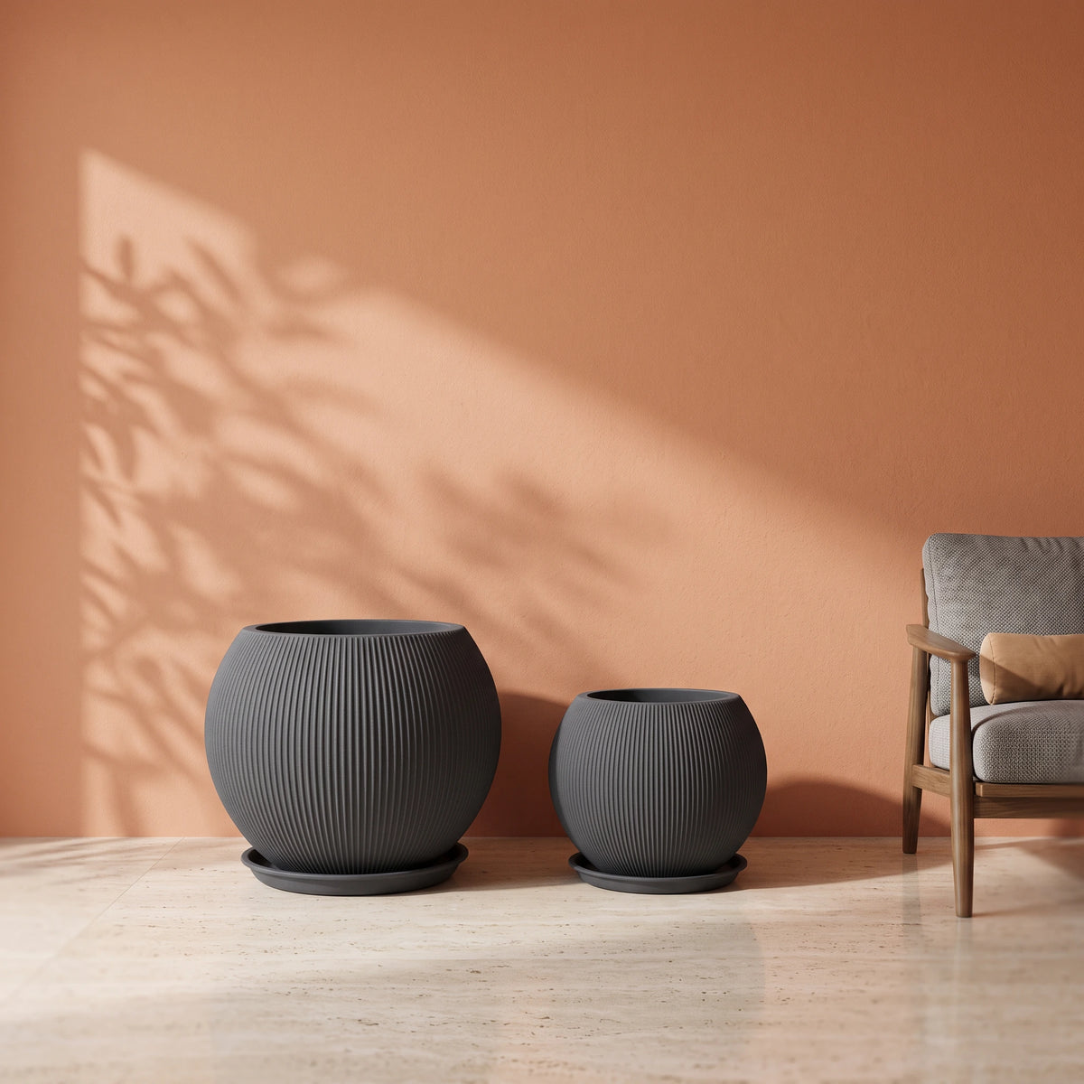 Rock Mountain Ribbed Ball Planter, Anthracite Grey, all sizes