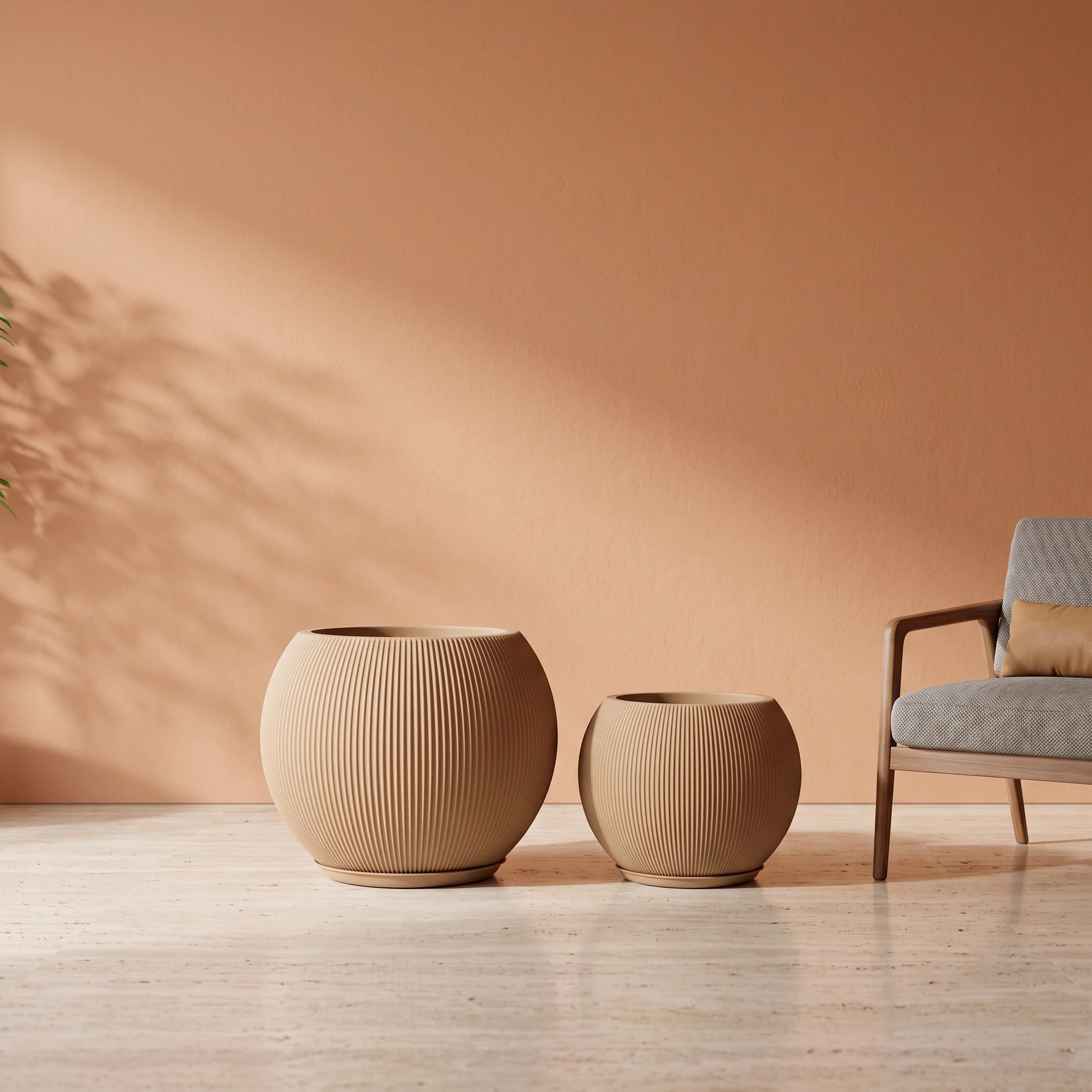 Rock Mountain Ribbed Ball Planter, Beige, all sizes
