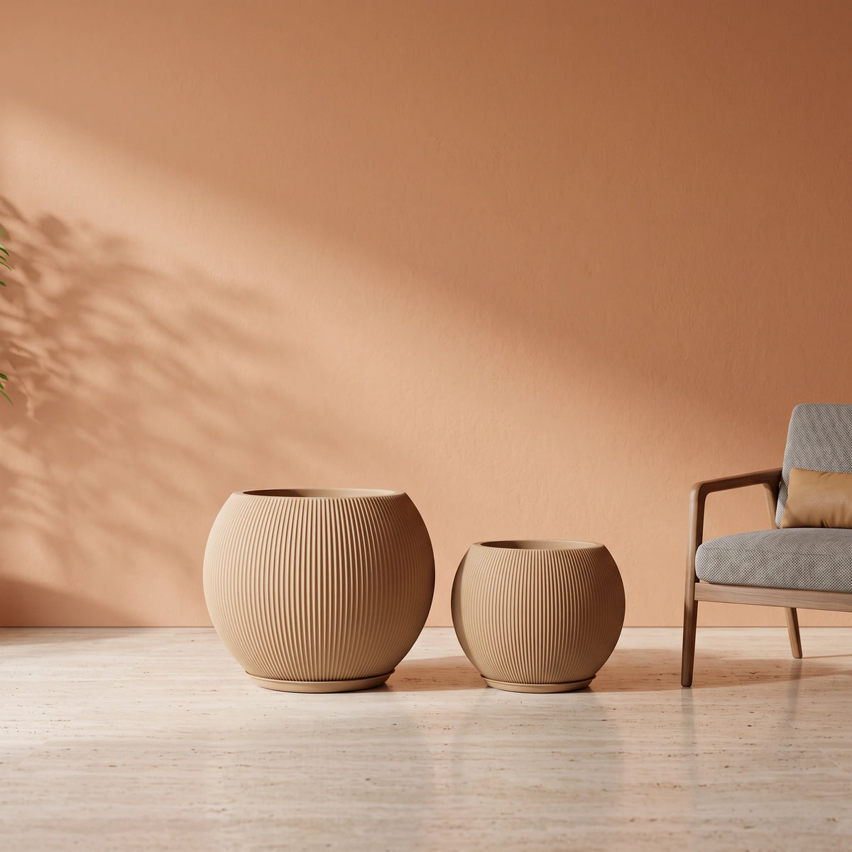 Rock Mountain Ribbed Ball Planter, Beige, all sizes