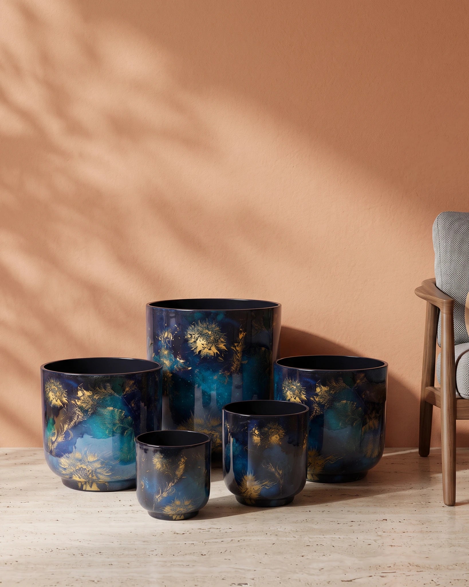 Indigo Blue Leafy Abstract Print Metal Planter — Opaxa, Acacia Garden Center