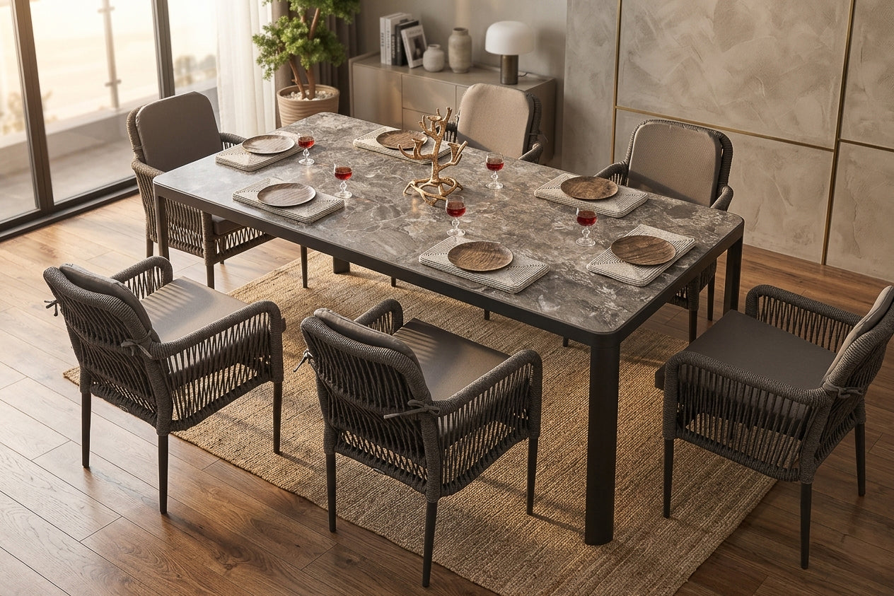 Aston Dining Set Anthracite (Terazzi) | 6-Seater, Luxio Cord