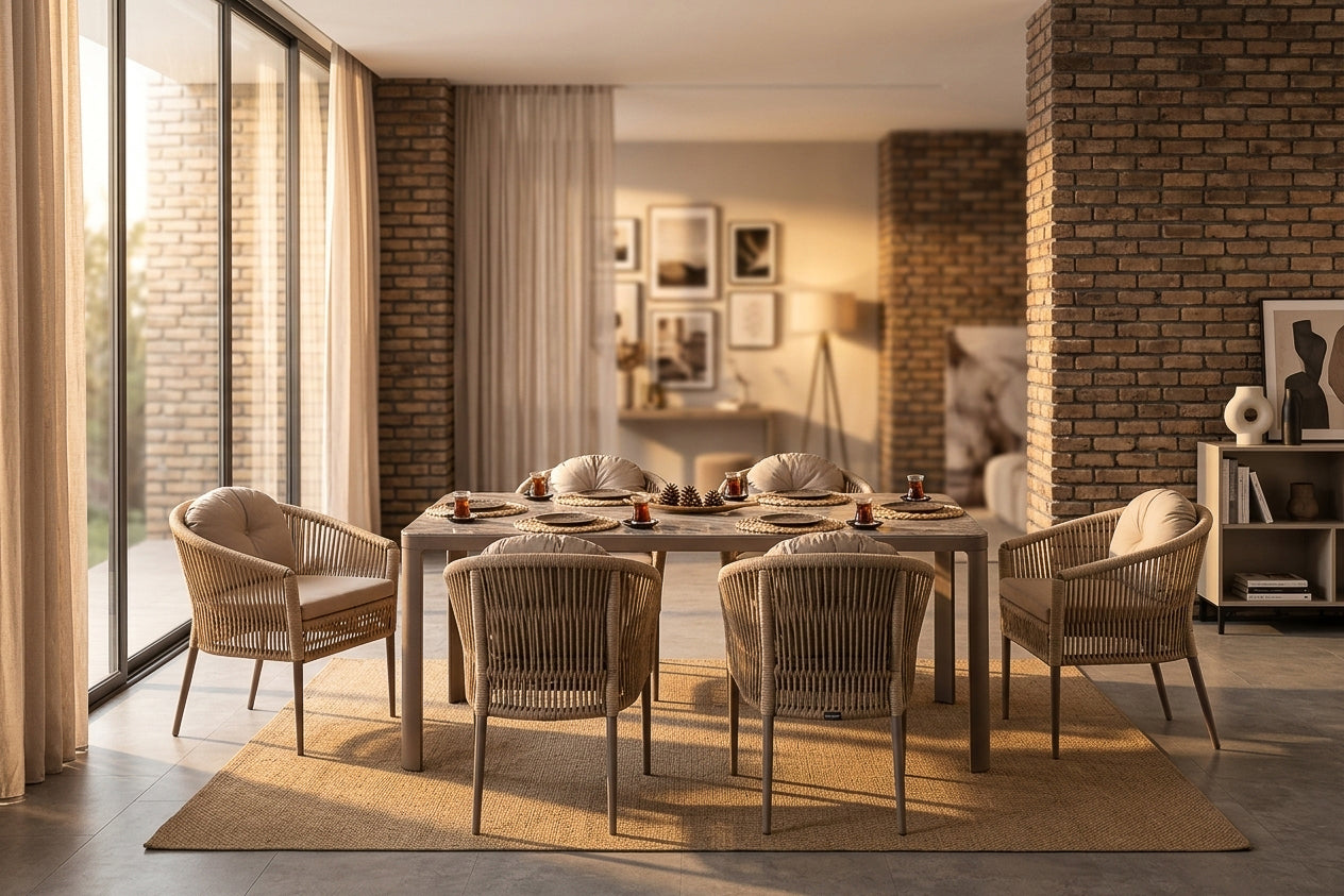 Mitra Dining Set Cappuccino (Terazzi) | 6-Seater, 200 cm Table - Acacia Garden Center