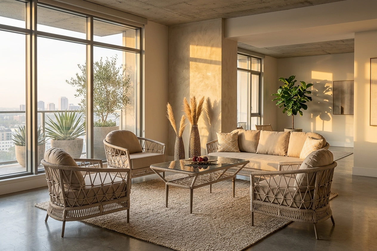 Icon Seating Group Beige (Terazzi) | 5-Seater, Cross-Weave - Acacia Garden Center