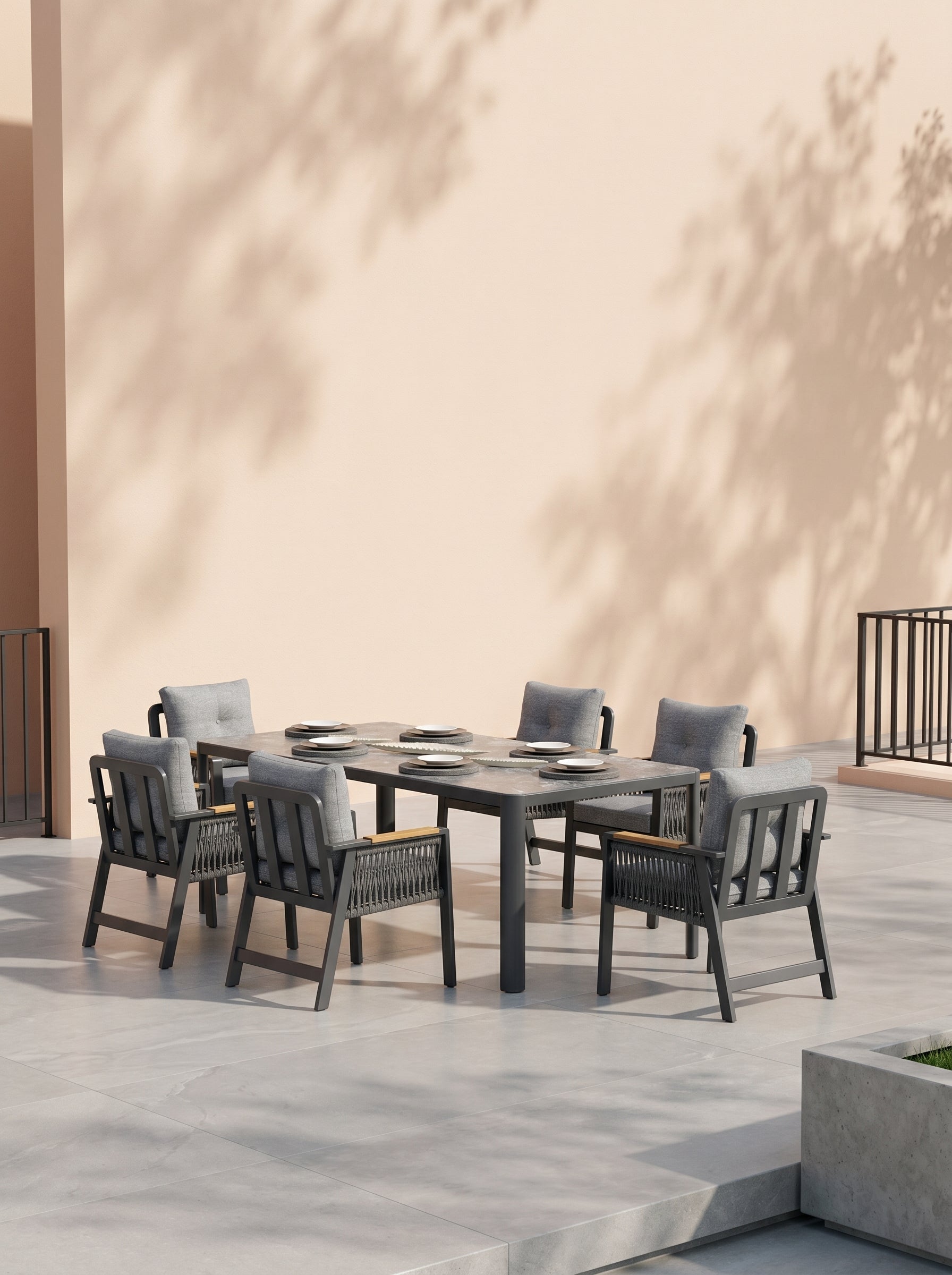 Mykonos Plus Dining Set (Terazzi) | 6 - Seater, Iroko Wood & HPL - Acacia Garden Center