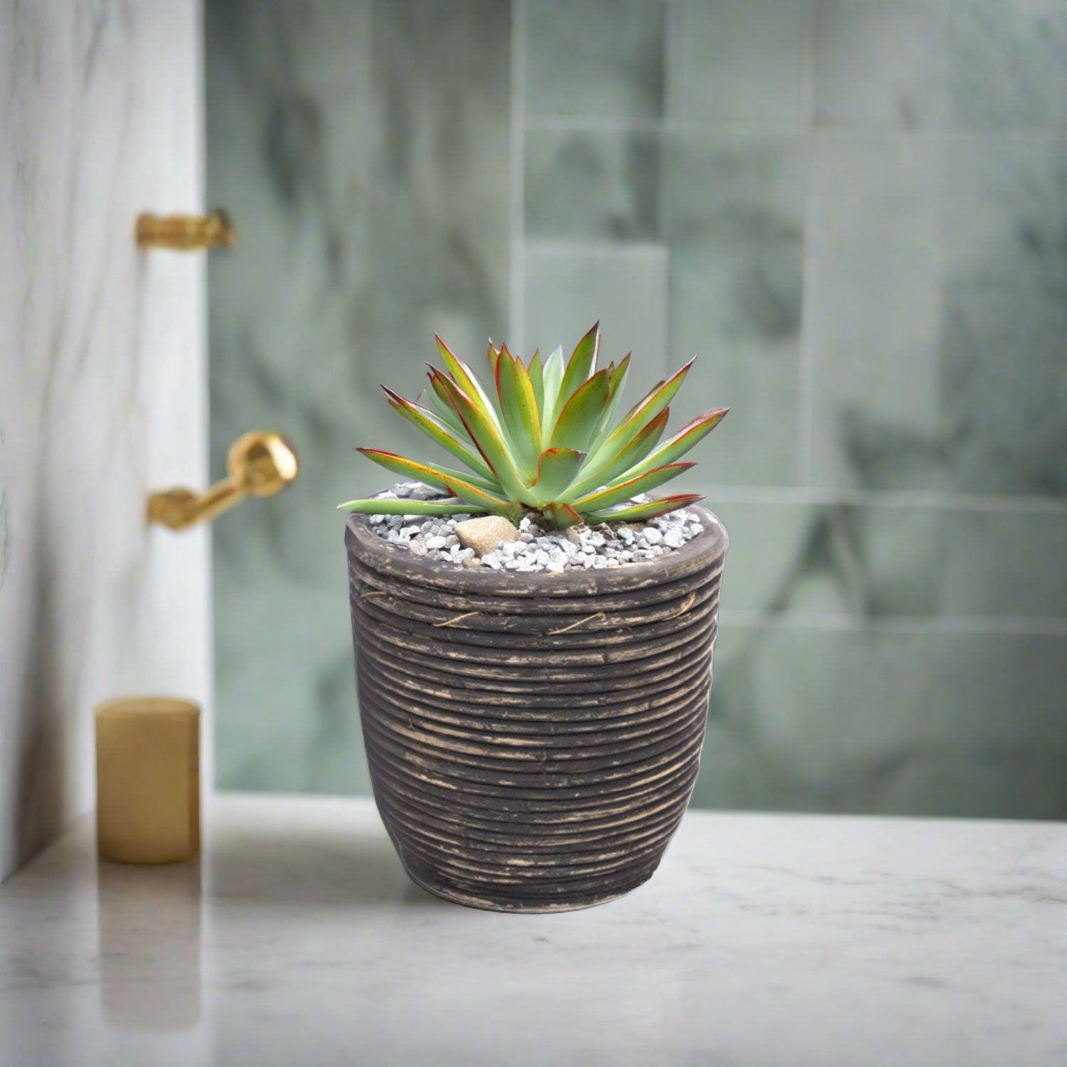 Van der Leeden Pot Round Balloon Stripe 302199 D20X19cm Black Wash - Acacia Garden Center